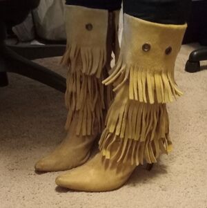 Fringe Suede Mid-Calf Boots - Tan Size 7.5